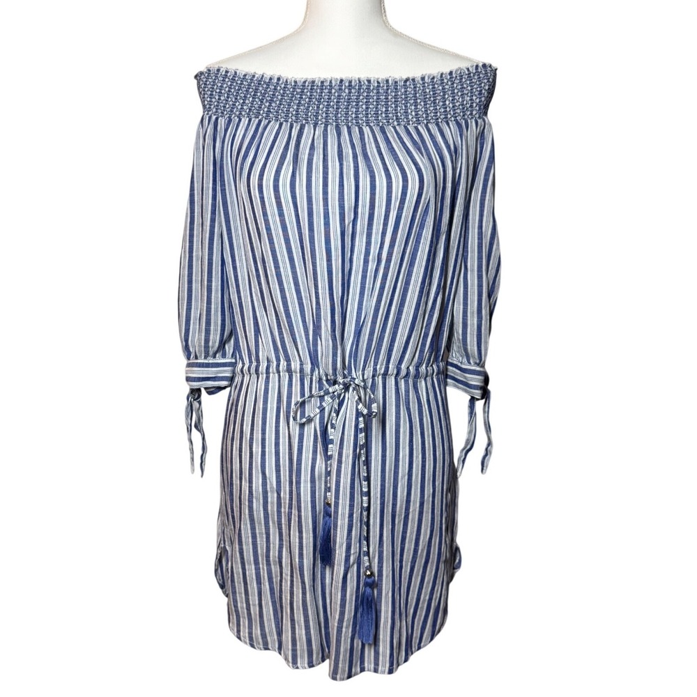 Blue Island Striped Off-the-Shoulder Tassel‎ Mini Dress S Blue White